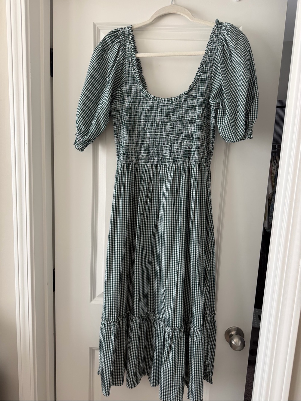 Hill House Gingham Smocked Midi Dress in Sage Check - Picture 3 of 4